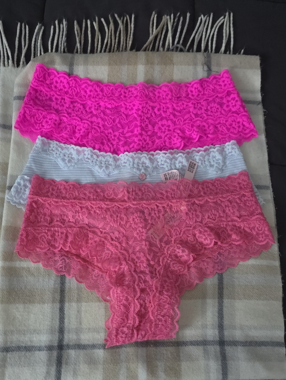 Victoria's Secret Lace Cheeky Panty Trio - Hot Pink, Light Blue, Coral Pink